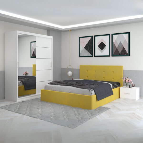 Dormitor Filip Galben Cu Pat Tapitat Catifea 160x200