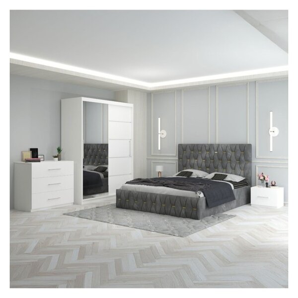 Dormitor Eric Gri + Comoda 3 Sertare 160x200
