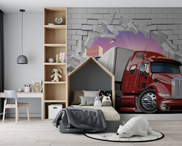 Fototapet Camion care trece printr-un zid de cărămidă, Fototapet copii, Fototapet populare, u93974 - Tapeko.ro