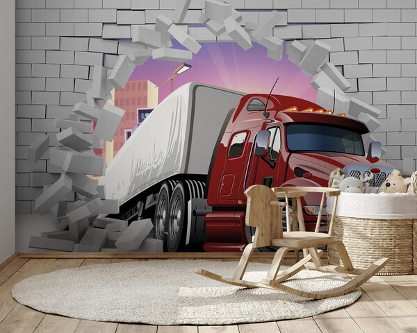 Fototapet Camion care trece printr-un zid de cărămidă, Fototapet copii, Fototapet populare, u93974 - Tapeko.ro