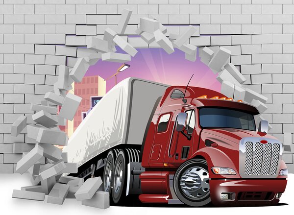 Fototapet Camion care trece printr-un zid de cărămidă, Fototapet copii, Fototapet populare, u93974 - Tapeko.ro