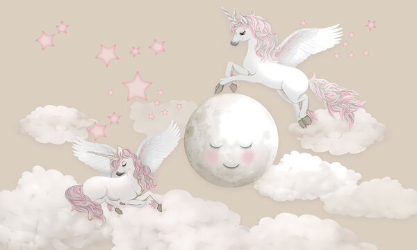 Fototapet Grup de unicorni care zboară pe lună, Fototapet copii, Fototapet populare, u94136 - Tapeko.ro
