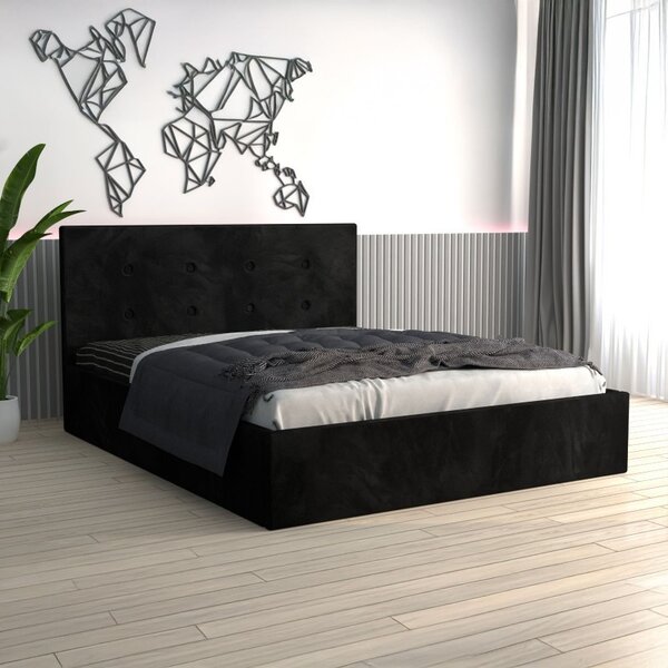 Pat Tapitat Filip Negru + Saltea 20cm Grosime 160x200