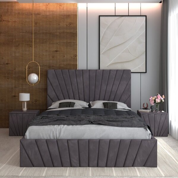 Pat Tapitat Toma Gri + Saltea Lux Ortopedica + Noptiere Tapitate 140x200