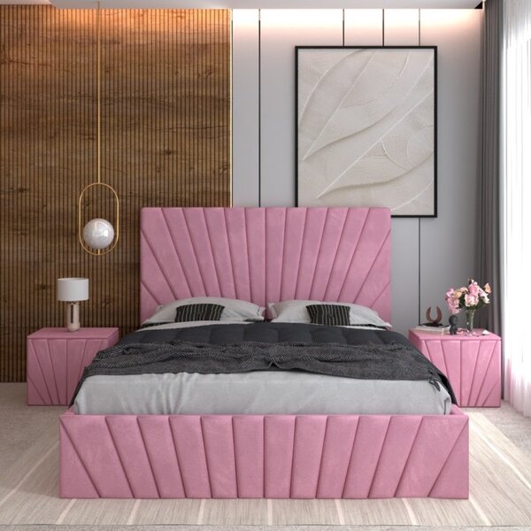 Pat Tapitat Toma Roz + Saltea Lux Ortopedica + Noptiere Tapitate 160x200