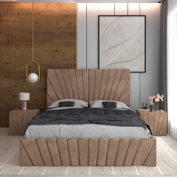 Pat Tapitat Toma Crem + Saltea Lux Ortopedica + Noptiere Tapitate 160x200
