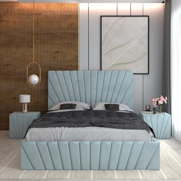 Pat Tapitat Toma Lemon + Saltea Lux Ortopedica + Noptiere Tapitate 160x200