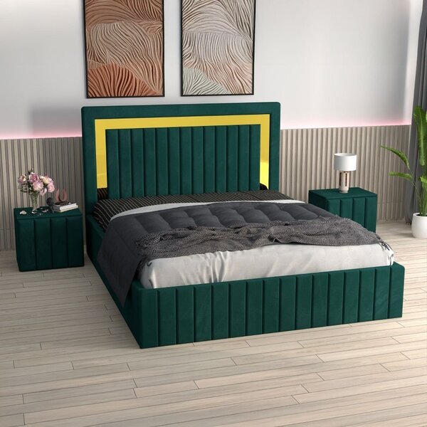 Pat Tapitat Ianis Verde + Saltea Lux Ortopedica + Noptiere Tapitate 160x200