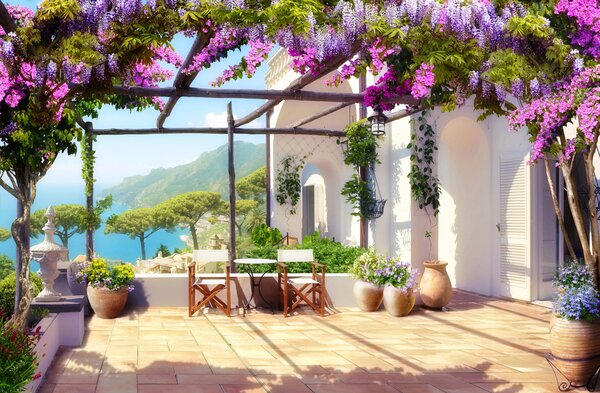 Tapet Wisteria înflorește pe verandă, Fototapet Flori, u03904 : Uwalls.ro