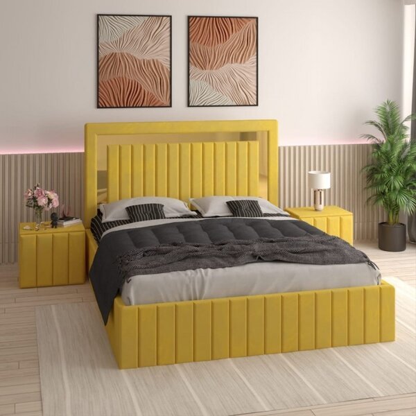 Pat Tapitat Ianis Galben + Saltea Lux Ortopedica + Noptiere Tapitate 160x200
