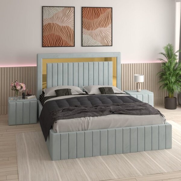 Pat Tapitat Ianis Lemon + Saltea Lux Ortopedica + Noptiere Tapitate 160x200