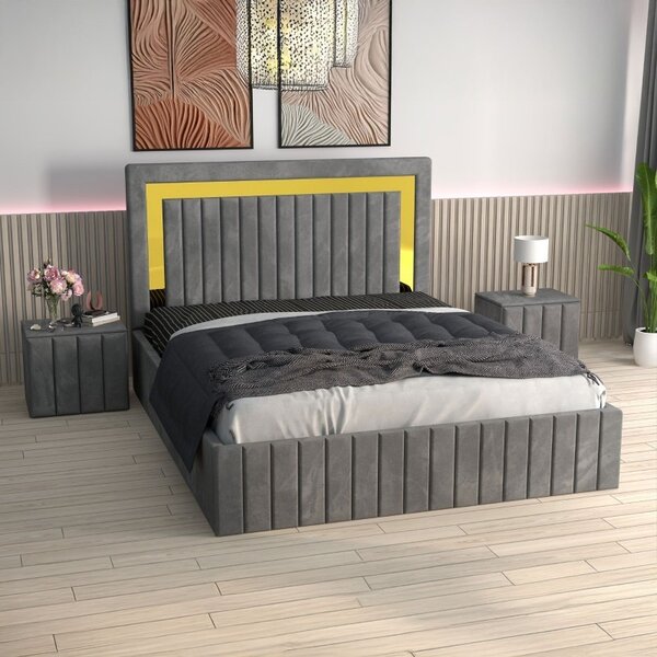 Pat Tapitat Ianis Gri + Saltea Lux Ortopedica + Noptiere Tapitate 160x200