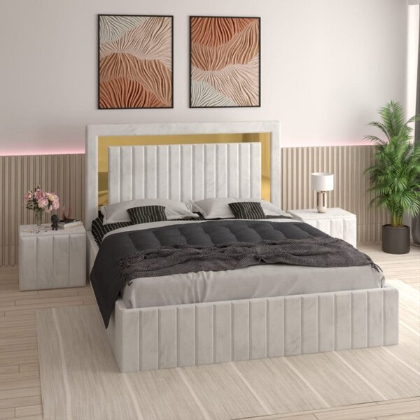 Pat Tapitat Ianis Alb + Saltea Lux Ortopedica + Noptiere Tapitate 140x200