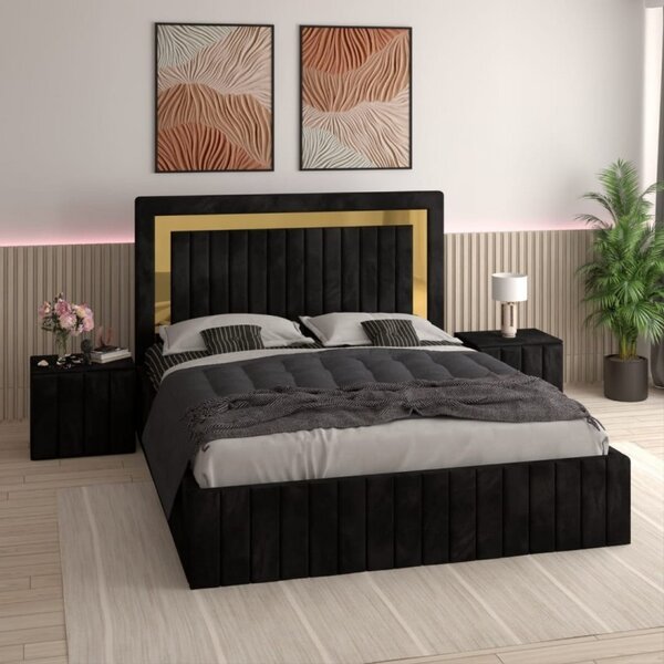 Pat Tapitat Ianis Negru + Saltea Lux Ortopedica + Noptiere Tapitate 160x200
