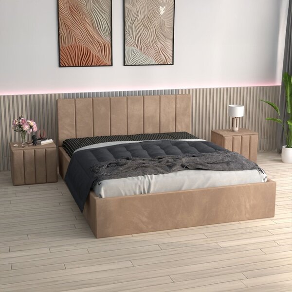 Pat Tapitat Sorin Crem + Saltea Lux Ortopedica + Noptiere Tapitate 160x200