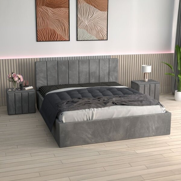 Pat Tapitat Sorin Gri + Saltea Lux Ortopedica + Noptiere Tapitate 160x200