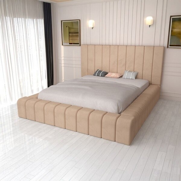 Pat Tapitat Complet Cod 01 Crem + Saltea Lux Ortopedica 160x200