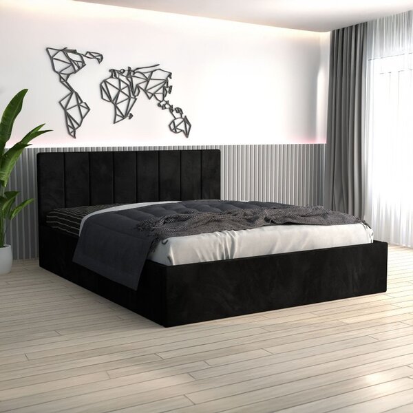 Pat Tapitat Sorin Negru + Saltea Lux Ortopedica 160x200