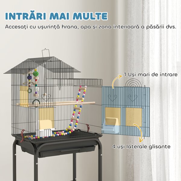 PawHut Colivie pentru Păsări cu Piedestal, Raft din Plasă și 4 Roți Pivotante, 46x36x120 cm, Negru | Aosom Romania