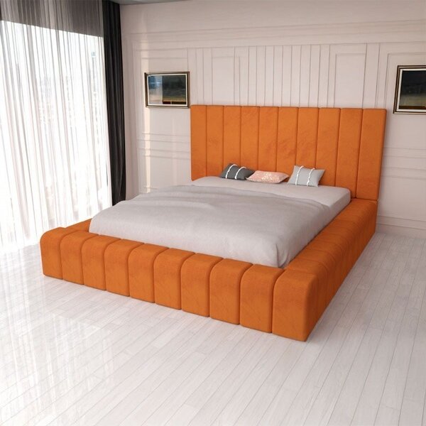 Pat Tapitat Complet Cod 01 Caramiziu + Saltea Lux Ortopedica 160x200