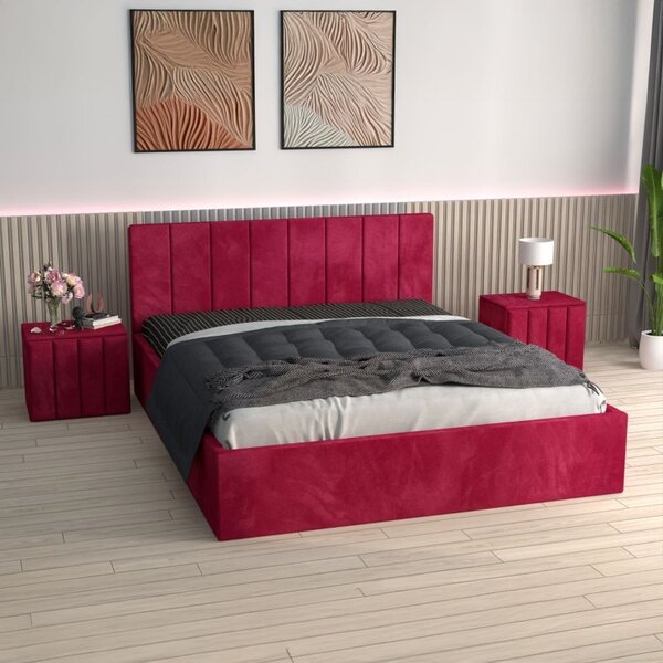 Pat Tapitat Sorin Rosu + Saltea Lux Ortopedica + Noptiere Tapitate 160x200