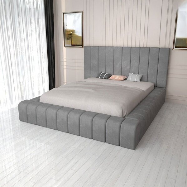 Pat Tapitat Complet Cod 01 Gri + Saltea Lux Ortopedica 160x200