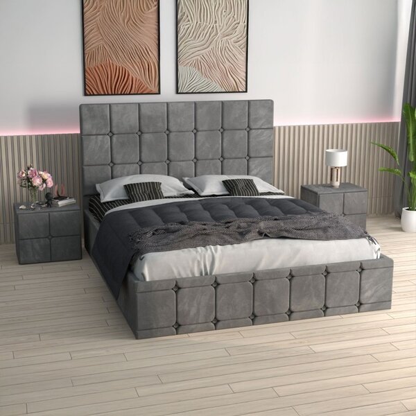 Pat Ven03 Gri +Noptiere Tapitate+ Saltea Lux Ortopedica 160x200