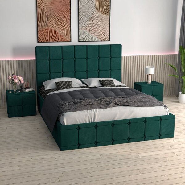 Pat Ven03 Verde +Noptiere Tapitate+ Saltea Lux Ortopedica 160x200