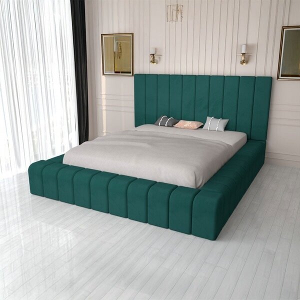 Pat Tapitat Complet Cod 01 Verde + Saltea Lux Ortopedica 160x200