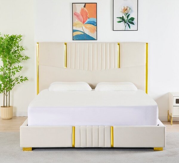 Pat Tapițat Catifea Bej Cod LB-215 160x200 cm, Somiera + Saltea 160x200