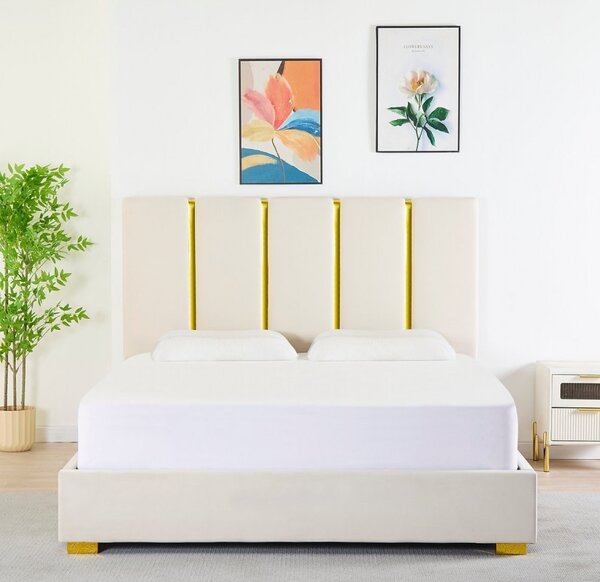 Pat Tapițat Catifea Bej Cod LB-214 160x200 cm, Somiera + Saltea 160x200