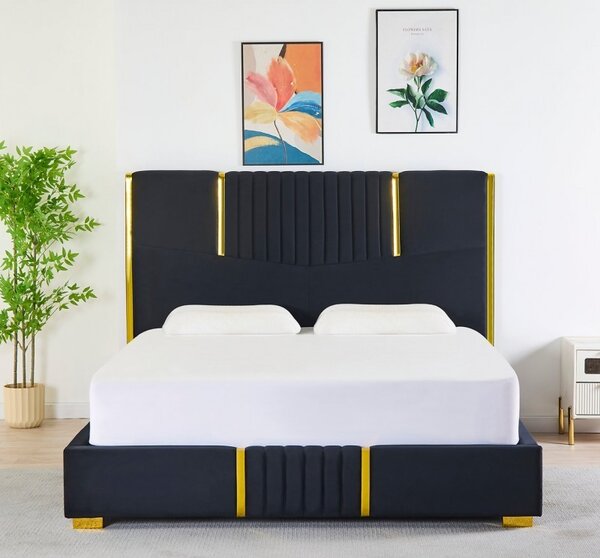 Pat Tapițat Catifea Negru Cod LB-215 160x200 cm, Somiera + Saltea 160x200