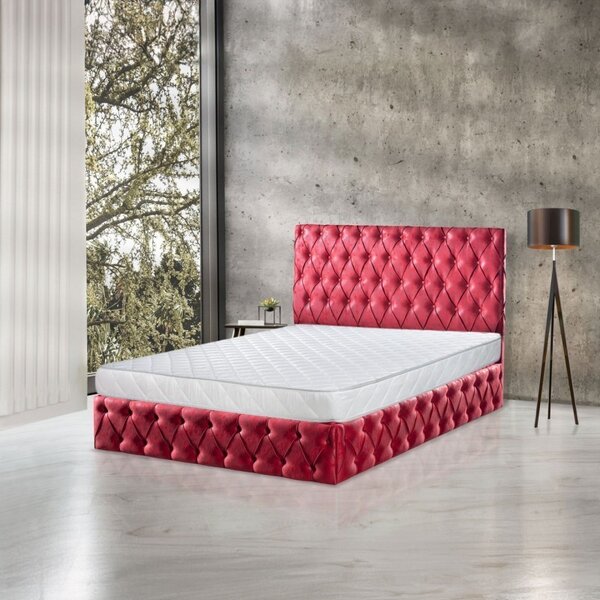 Pat Oscar Rosu cu Lada de Depozitare, Somiera Metalica Rabatabilă + Saltea Lux Ortopedica 140x200