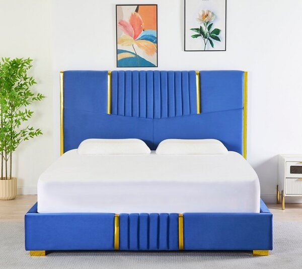 Pat Tapițat Catifea Albastru Cod LB-215 160x200 cm, Somiera + Saltea 160x200