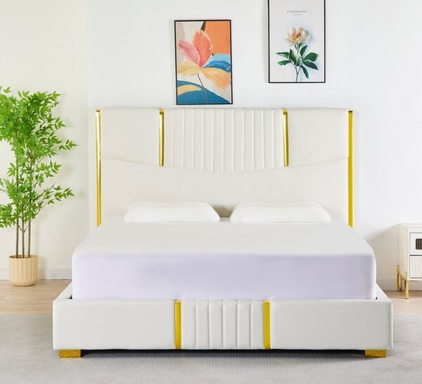 Pat Tapițat Piele Sintetica Alb Cod LB-215 160x200 cm, Somiera + Saltea 160x200