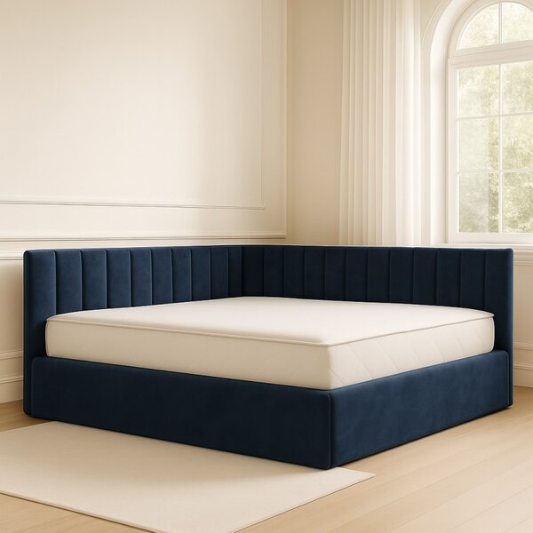 Pat Tapitat De Colt Figo Albastru Catifea Premium + Saltea Lux Ortopedica 160x200