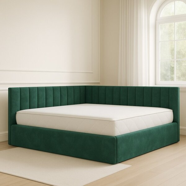 Pat Tapitat De Colt Verde Catifea Premium + Saltea Lux Ortopedica 160x200