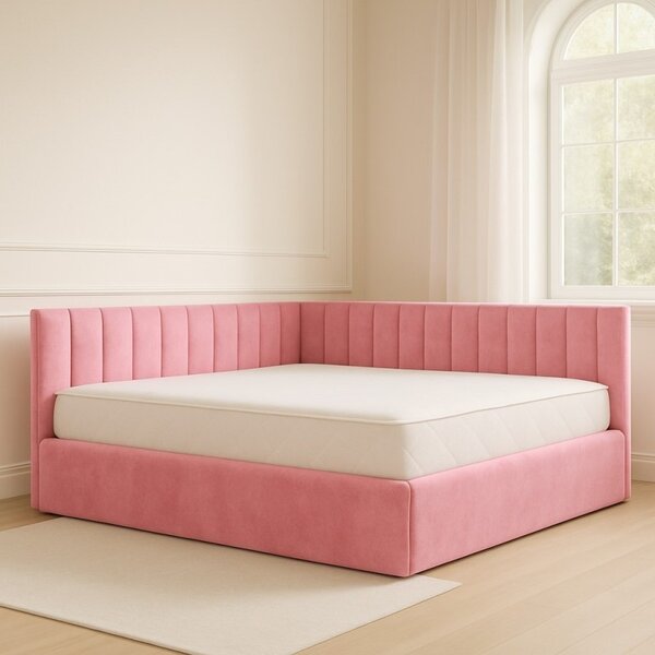 Pat Tapitat De Colt Figo Roz Catifea Premium + Saltea Lux Ortopedica 160x200