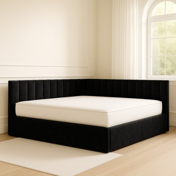 Pat Tapitat De Colt Figo Negru Catifea Premium + Saltea Lux Ortopedica 160x200
