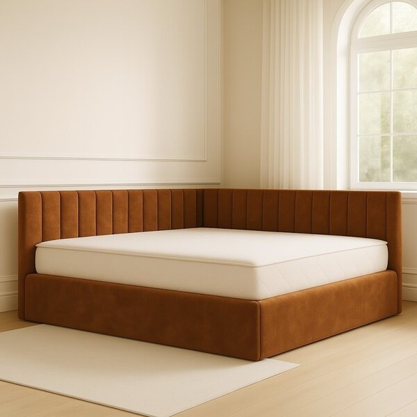 Pat Tapitat De Colt Figo Caramiziu Catifea Premium + Saltea Lux Ortopedica 160x200