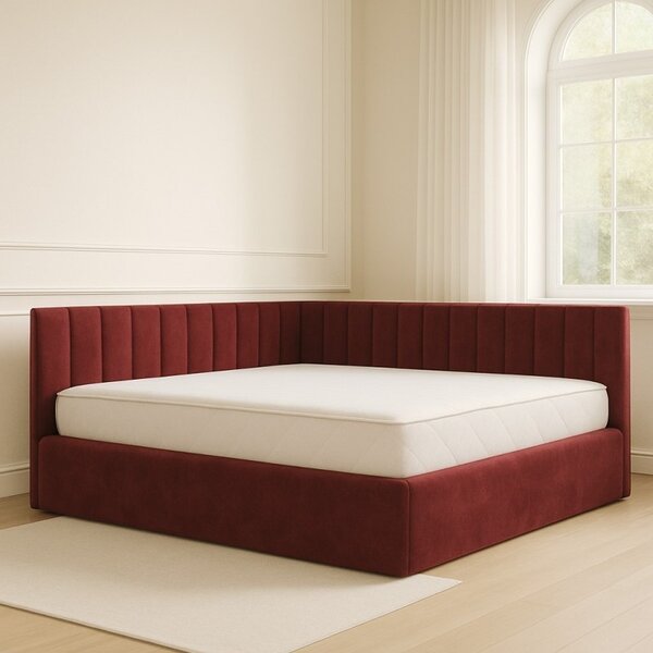 Pat Tapitat De Colt Figo Visiniu Catifea Premium + Saltea Lux Ortopedica 160x200