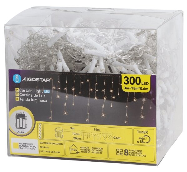 Aigostar - Ghirlandă LED de exterior pentru Crăciun, 300 LED / 8 funcții, alimentare 3xAA, 18 x 0,6 m, IP44, alb cald