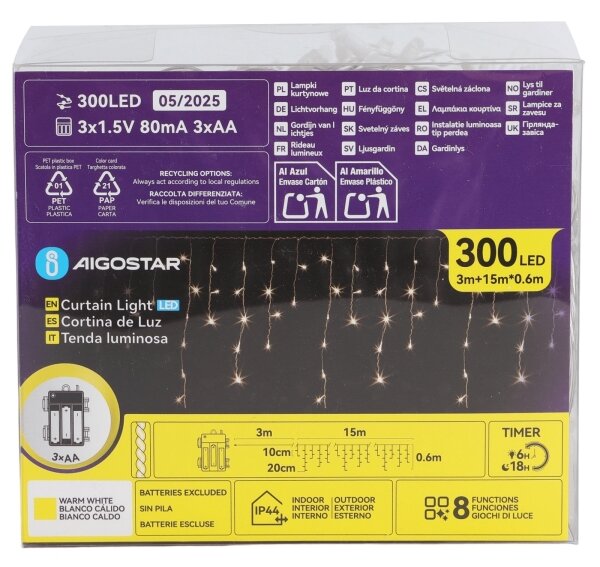 Aigostar - Ghirlandă LED de exterior pentru Crăciun, 300 LED / 8 funcții, alimentare 3xAA, 18 x 0,6 m, IP44, alb cald