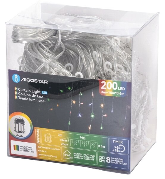 Aigostar - Instalație luminoasă LED de exterior pentru Crăciun 200xLED/8 funcții 3xAA 13x06m IP44 multicolor