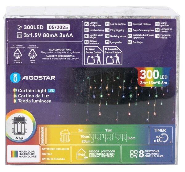 Aigostar - Ghirlandă LED de exterior pentru Crăciun, 300xLED/8 moduri, 3xAA, 18x06m, IP44, multicolor