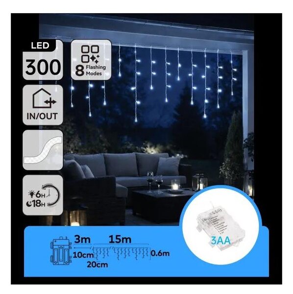 Aigostar - Ghirlandă LED de Crăciun pentru exterior, 300 LED, 8 moduri, alimentare 3xAA, 18 x 0,6 m, IP44, alb rece