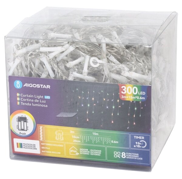 Aigostar - Ghirlandă LED de exterior pentru Crăciun, 300xLED/8 moduri, 3xAA, 18x06m, IP44, multicolor