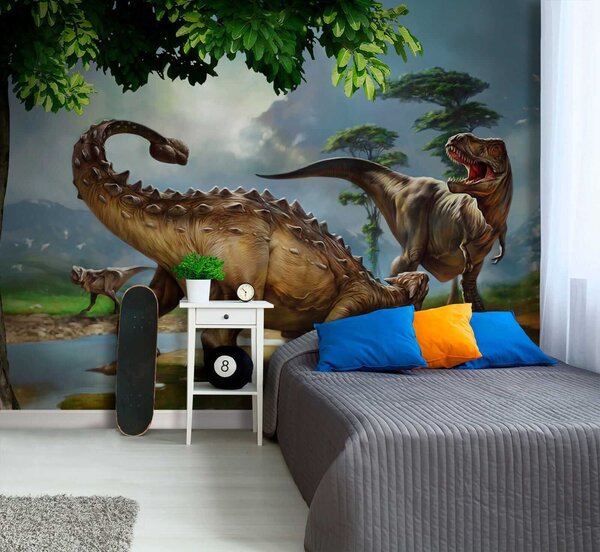 Fototapet Pictură de dinozauri lângă un râu, Fototapet animale, Fototapet populare, u28674 - Tapeko.ro