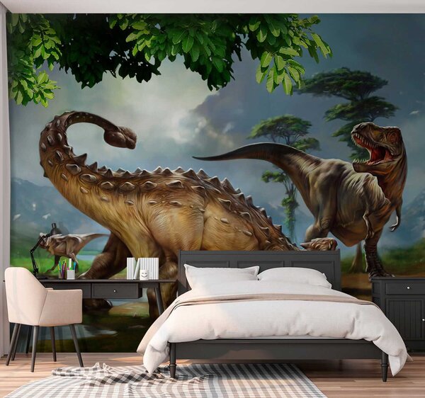 Fototapet Pictură de dinozauri lângă un râu, Fototapet animale, Fototapet populare, u28674 - Tapeko.ro