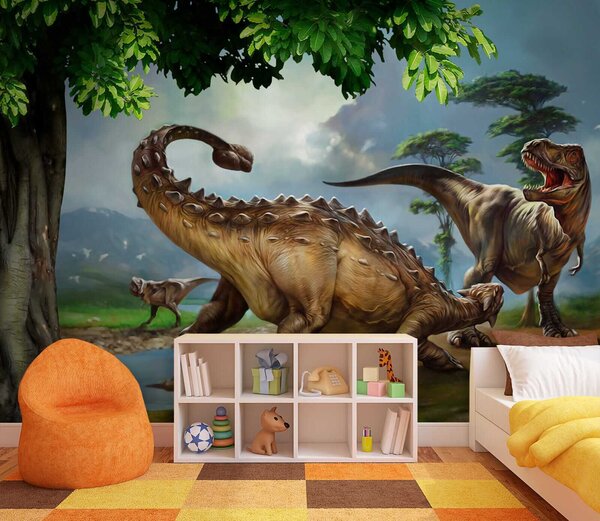 Fototapet Pictură de dinozauri lângă un râu, Fototapet animale, Fototapet populare, u28674 - Tapeko.ro
